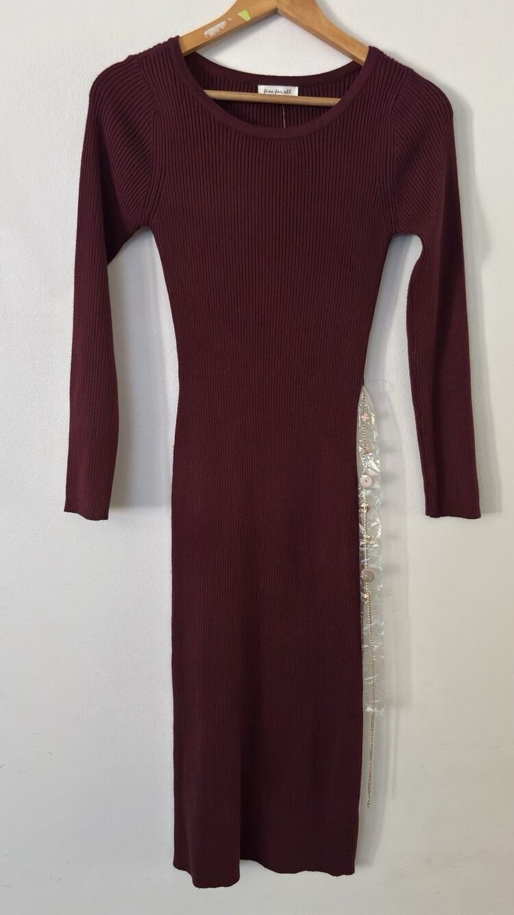 Free For All Burgundy Ribbed Knit Long Sleeve Crew Neck Bodycon Midi Dress Sz XS